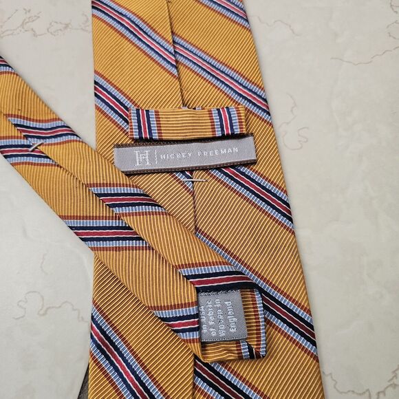 Hickey Freeman Made in USA Yellow Red Blue Repp Stripe Silk And Cotton Tie Woven - Picture 5 of 9